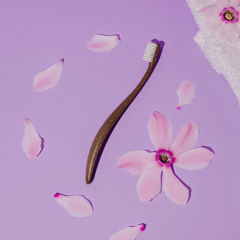 Holzzahnbürste auf lila Hintergrund mit Blütenblättern.