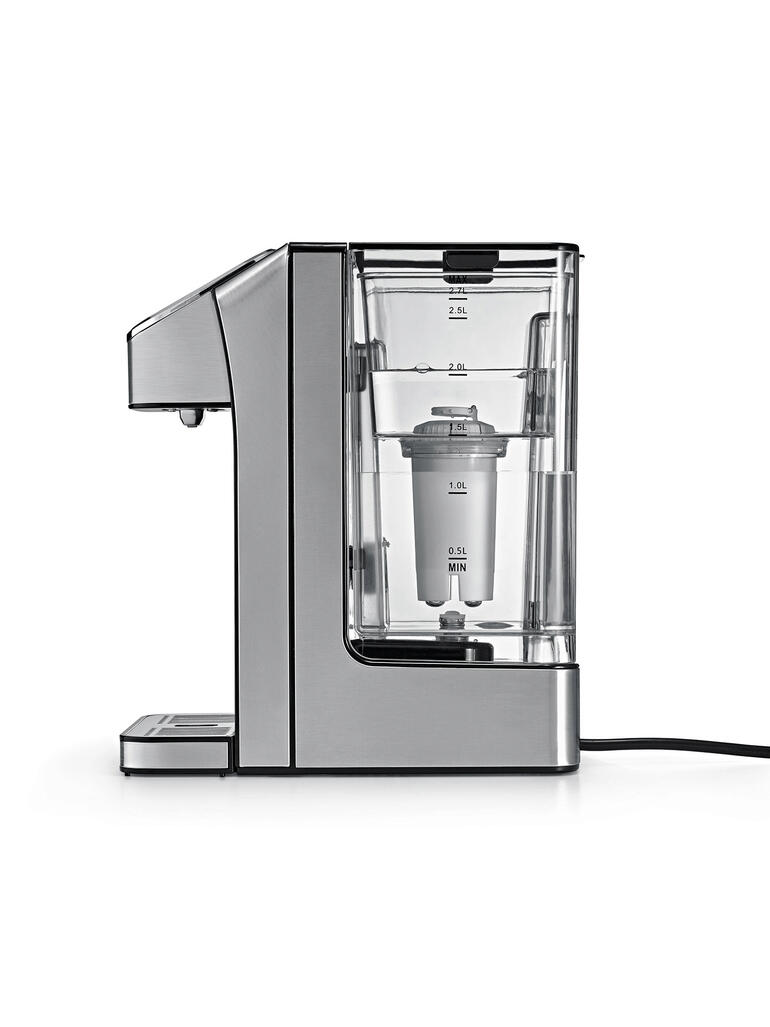 Turbo-Heißwasserspender Advanced Seitenansicht des Turbo-Heißwasserspenders, Wasserfilter sichtbar.