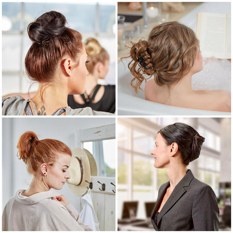 Mit doouup® gelingen trendy Hochsteckfrisuren spielend leicht. Frauen mit verschiedenen Hochsteckfrisuren, die Haarklammern verwenden.