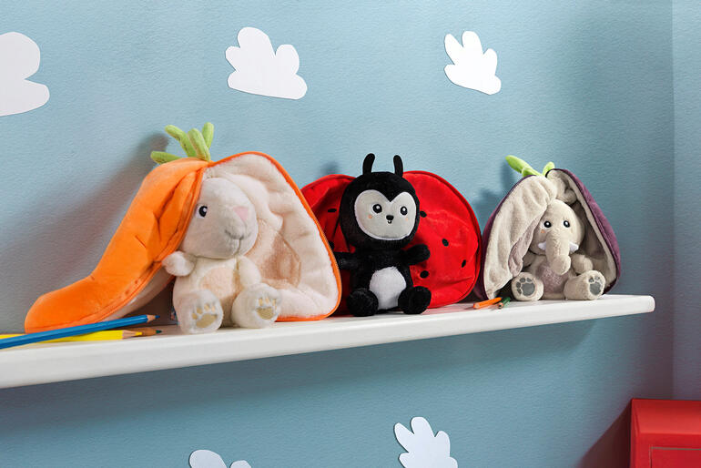 Veggie-Wende-Plüschtier auf einem Regal, Möhre, Marienkäfer und Hase.