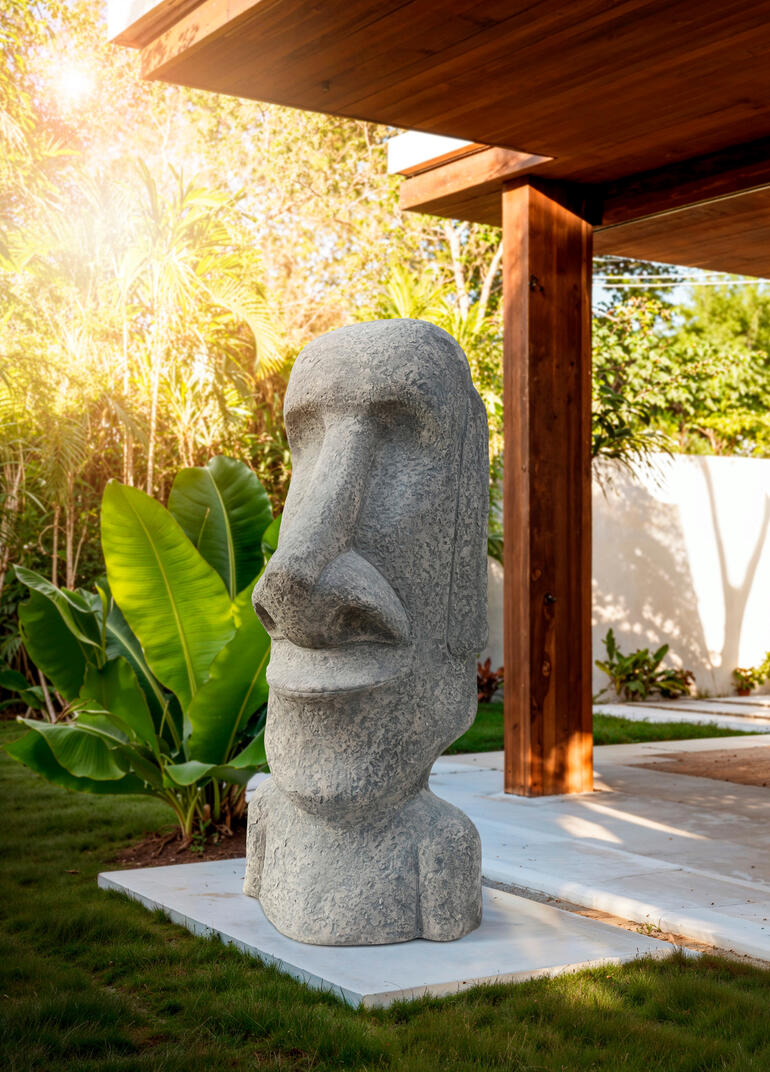 Moai Statue Moai Statue steht im Garten vor einem modernen Gebäude