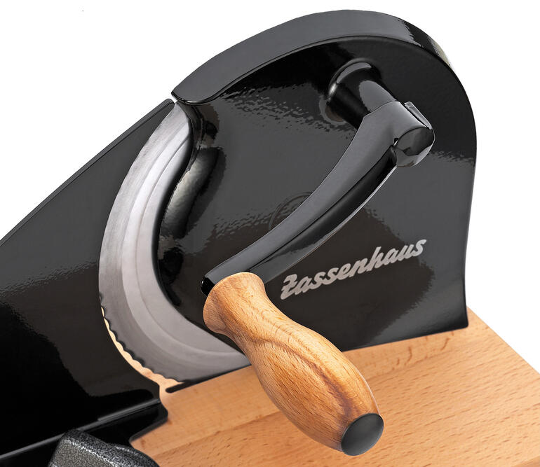 Retro Brotschneider mit Handkurbel in Schwarz mit Holzgriff