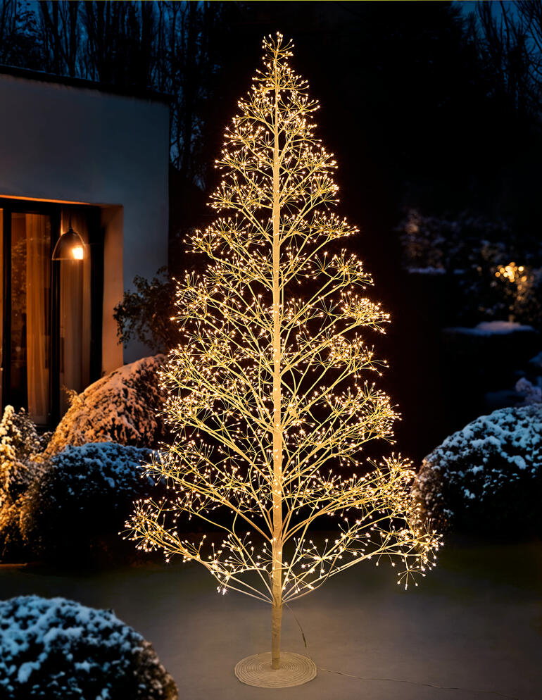 Dolden-Lichterbaum, 120 cm hoch, beleuchtet mit warmem Licht im Garten