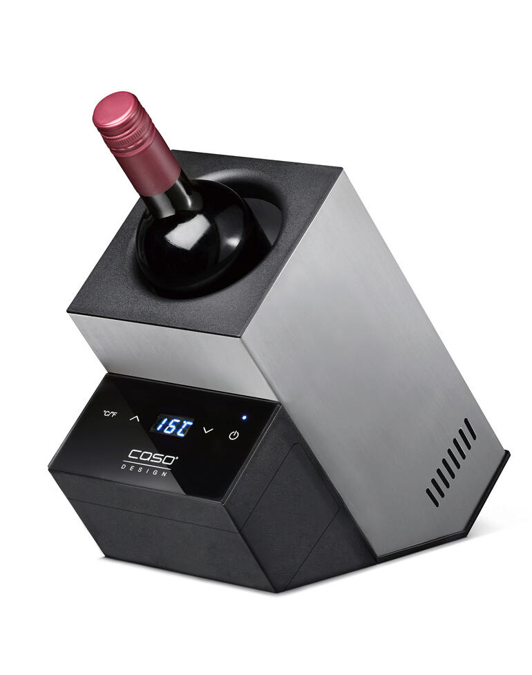 Rotwein, Weißwein, Schaumwein stets auf perfekter Trinktemperatur. Design Akku-Weinkühler mit Rotweinflasche und digitalem Display