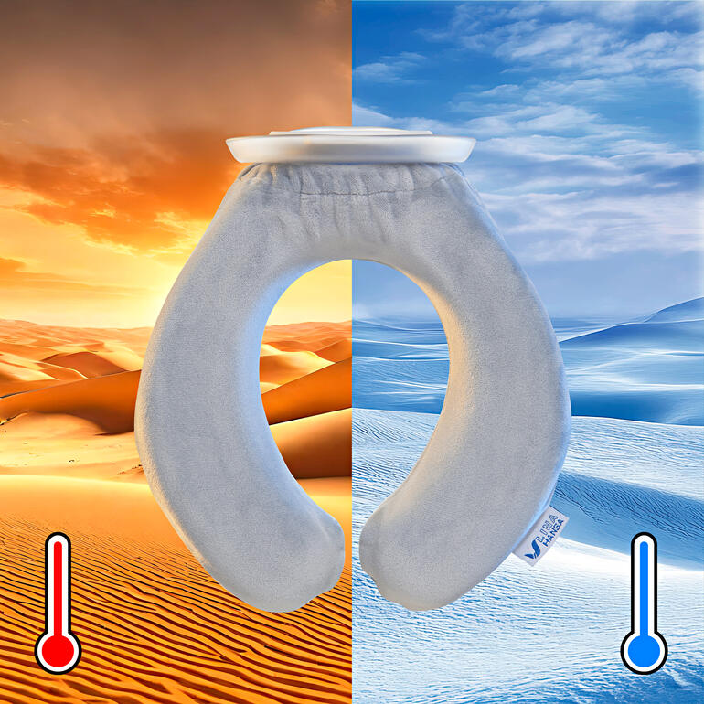 Coussin en U für Wärme oder Kälte, Halbkreisform auf farbigem Hintergrund