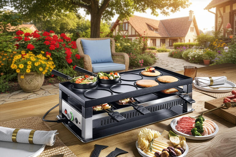 Solis 5-in-1-Raclettegrill auf einer Terasse, umgeben von Pflanzen und Tischen.