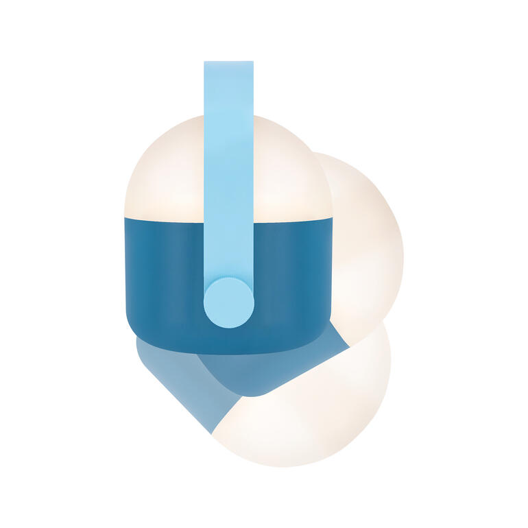 Blaue mobile Akkuleuchte mit grünem Tragegriff von vorne.