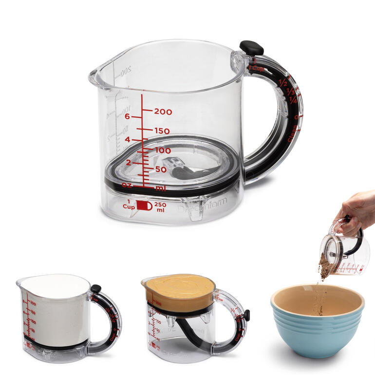 Messbecher mit Selbstreinigungssystem und verschiedenen Füllständen.