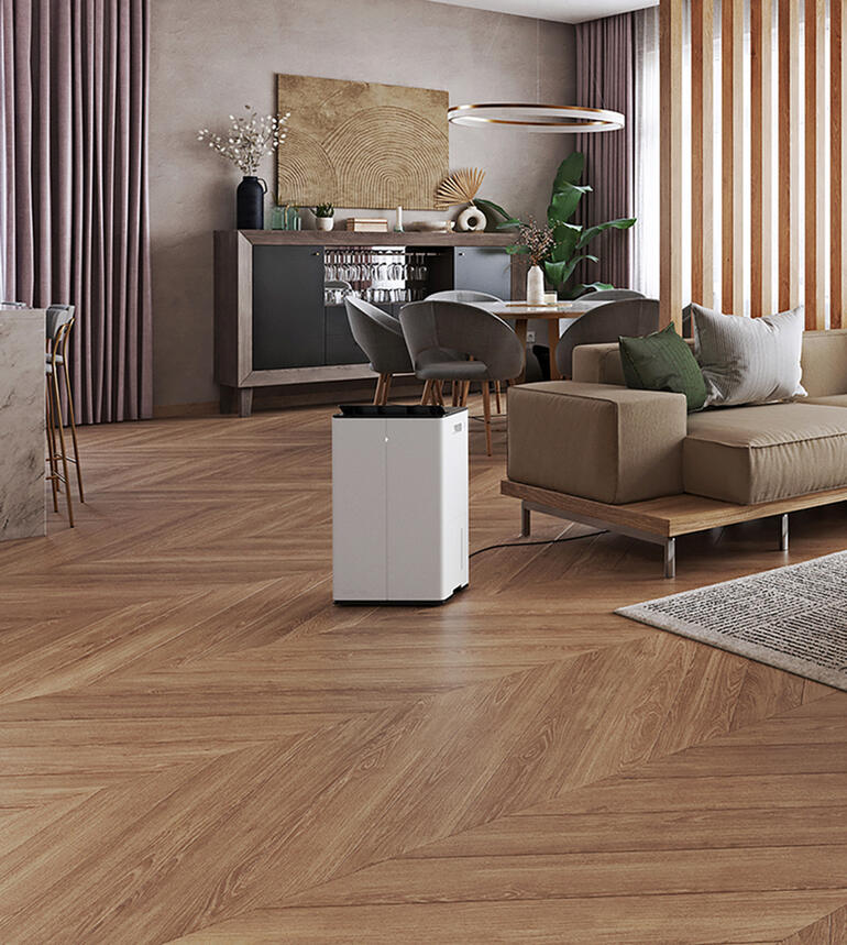 Lukas Pro in modernem Wohnraum mit Holzboden und Pflanzen.