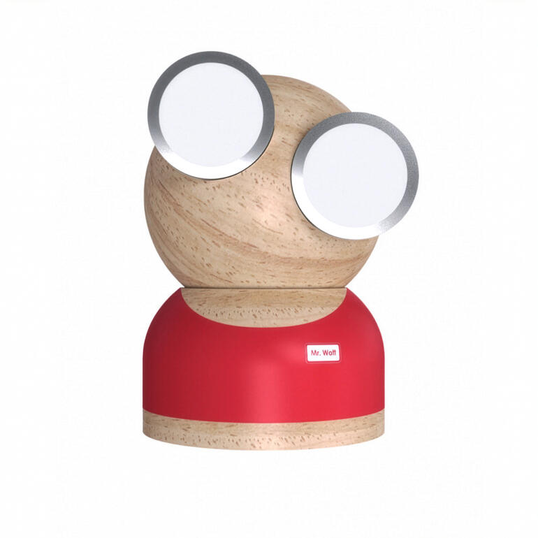 Korallenroter Mr. Watt mit großzügigen Augen aus Holz.