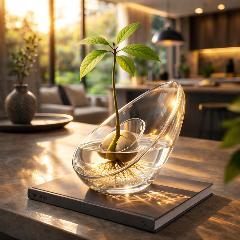 Avocado Vase mit Pflanze und Wurzeln in klarem Wasser auf einem Tisch.