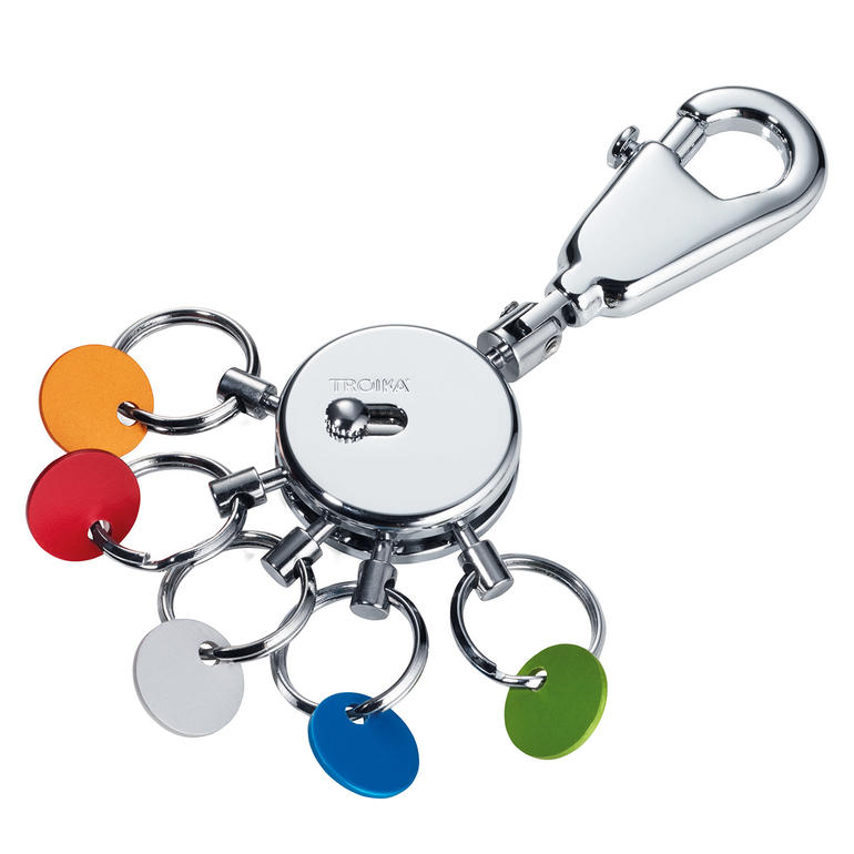 Key Organizer mit Schlüsselanhängern in verschiedenen Farben, auf weißem Hintergrund.