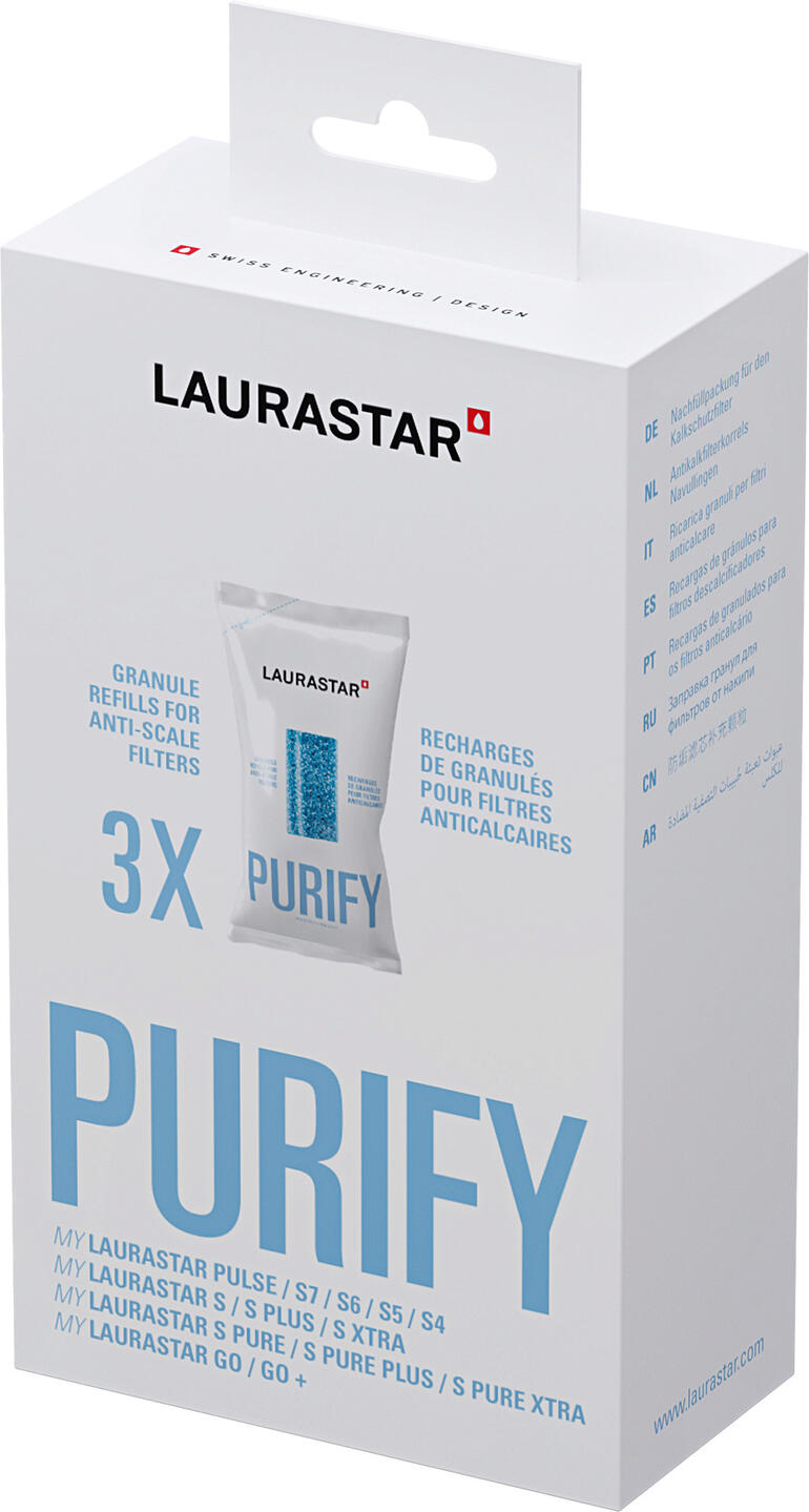 Verpackung mit drei Beuteln Ersatzgranulat für Filter.