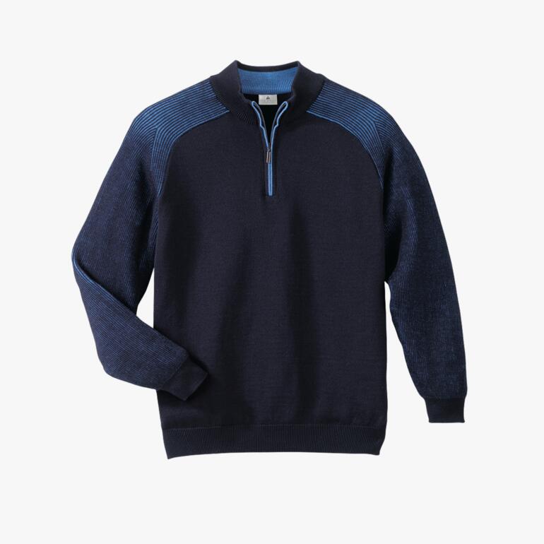 Dunkelblauer Pullover mit Reißverschluss und blauen Akzenten.