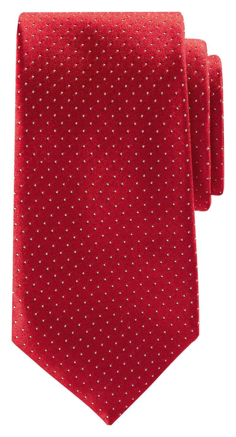 Rote Ascot Seidenkrawatte mit weißen Punkten auf weißem Hintergrund.