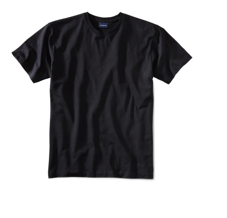 Schwarzes Ragman T-Shirt in Größe 44 liegt auf weißem Hintergrund.