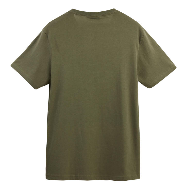 Rückansicht eines olivgrünen T-Shirts.