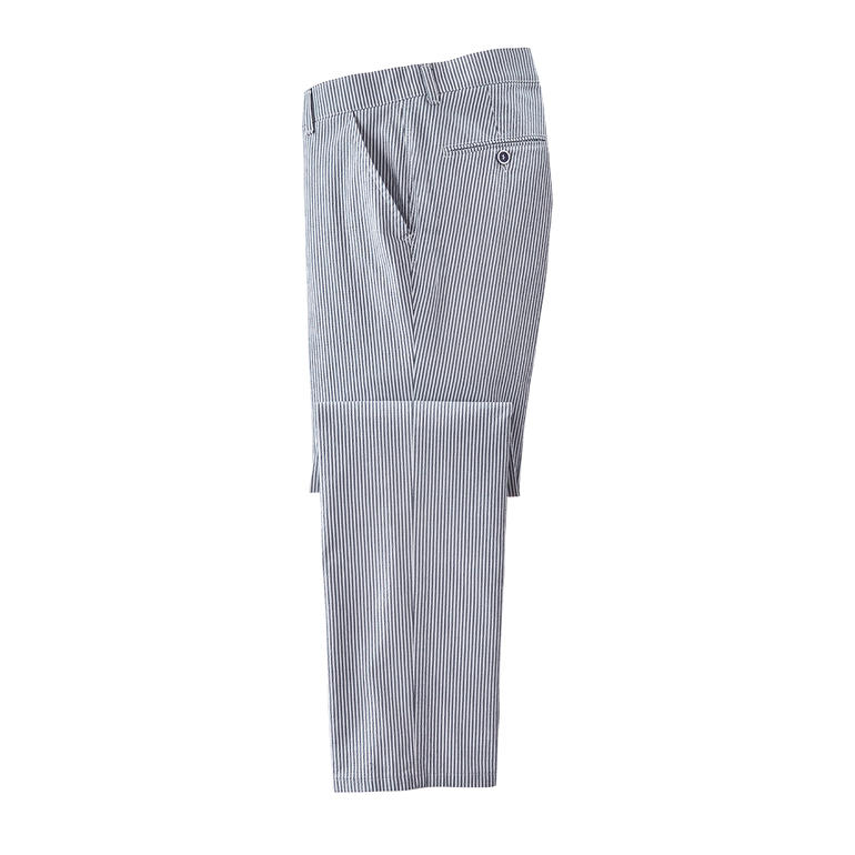 Seersucker-Hose in Blau/Weiß gestreift, Größe unkown, auf weißem Hintergrund