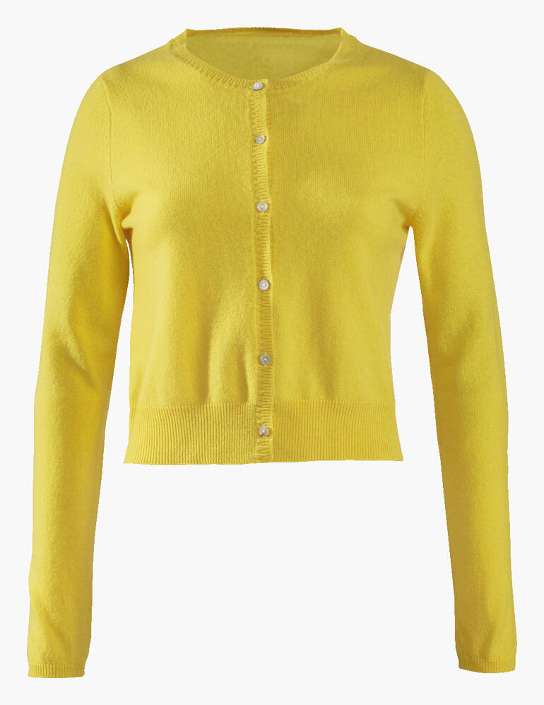 Gelber Kurz-Cardigan in Größe 36 auf weißem Hintergrund.