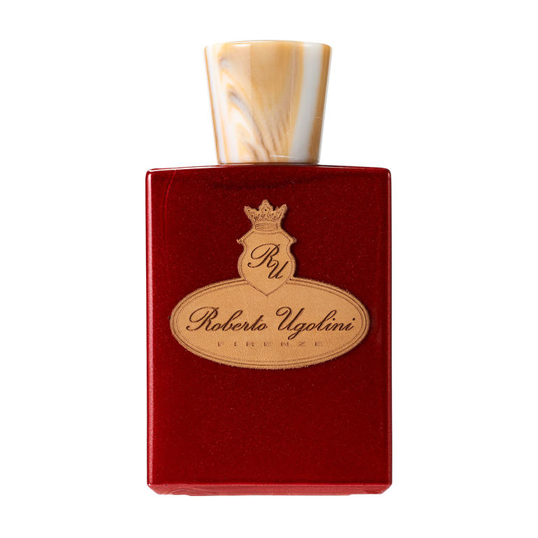 Rotes Flakon des Roberto Ugolini „17 Rosso“ Extrait de Parfum mit goldener Kappe.
