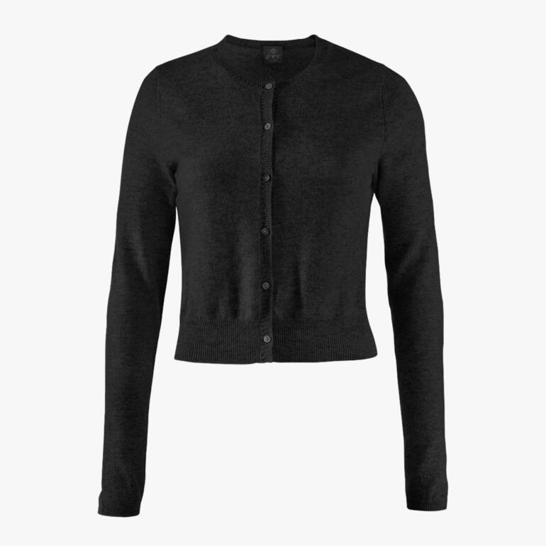 Schwarzer Kurz-Cardigan auf weißem Hintergrund.