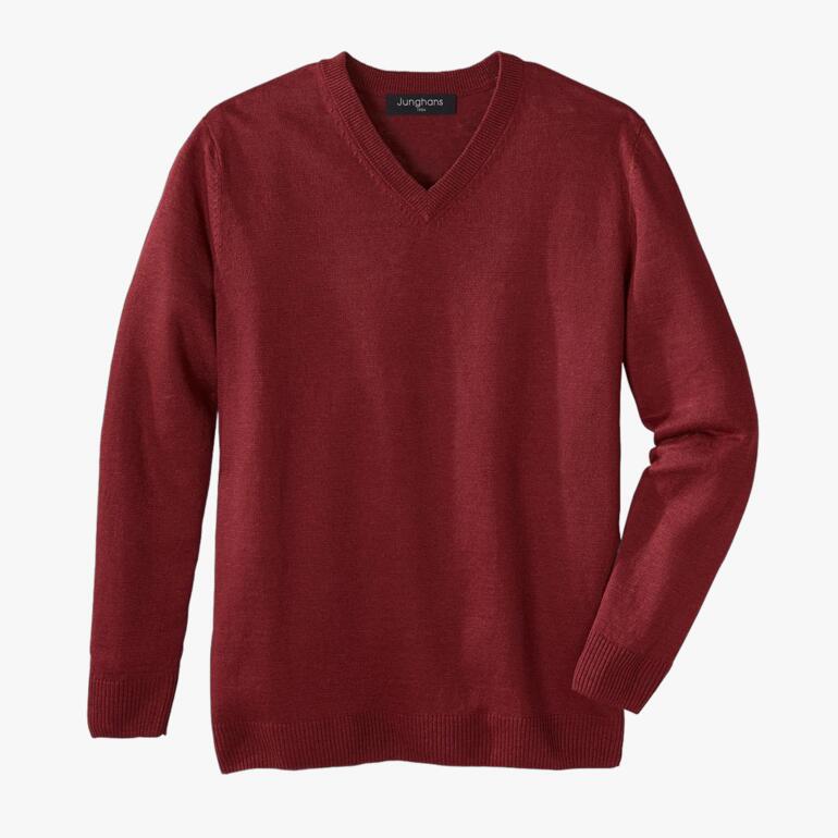 Roter Leinenpullover für Herren mit V-Ausschnitt und langen Ärmeln.