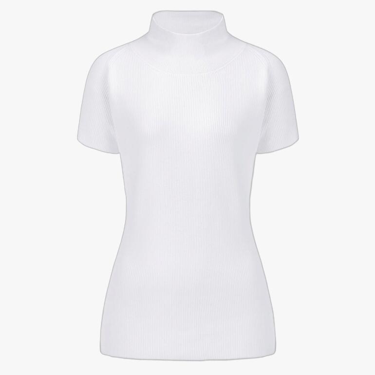 Weißer Kurzarm-Pullover, Gr. 36, mit Stehkragen.