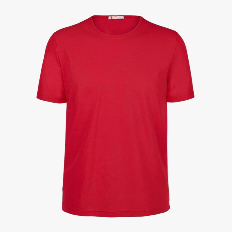 Rotes Rundhals-Shirt für Herren auf einem weißen Hintergrund.