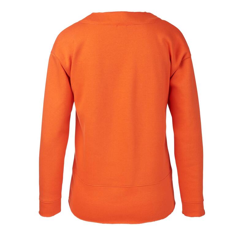 Rückansicht eines orangen Sweatshirts.