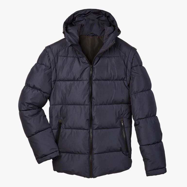 Recycling-Daunenjacke in Dunkelblau mit Kapuze