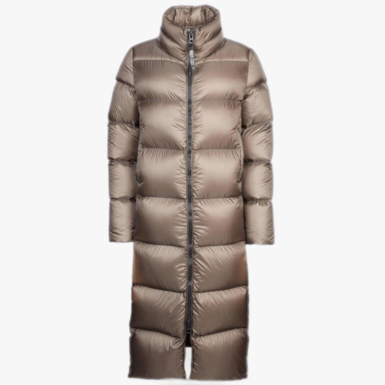 Frontansicht eines taupe-farbenen Puffa Coats in Größe 34.