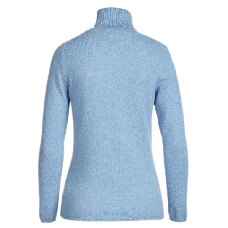 Hinteransicht eines hellblauen Rollkragenpullovers aus Kaschmir.
