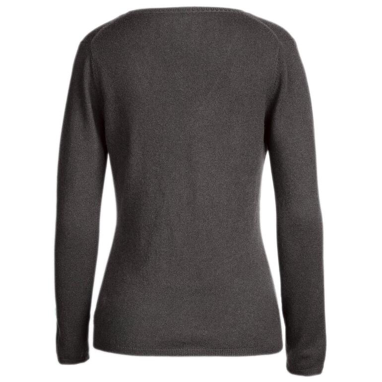 Rückansicht eines anthrazitfarbenen Kaschmirpullovers für Damen.
