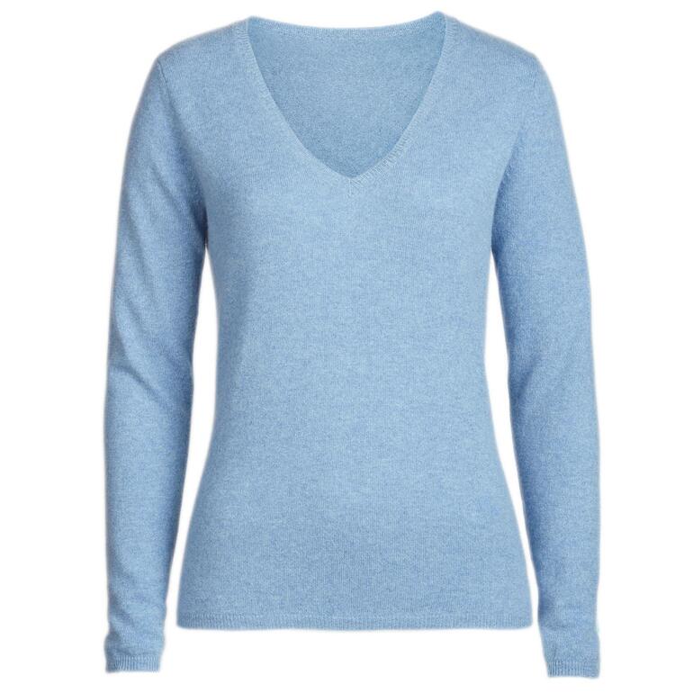 Damen V-Pulli aus Kaschmir in hellblau.