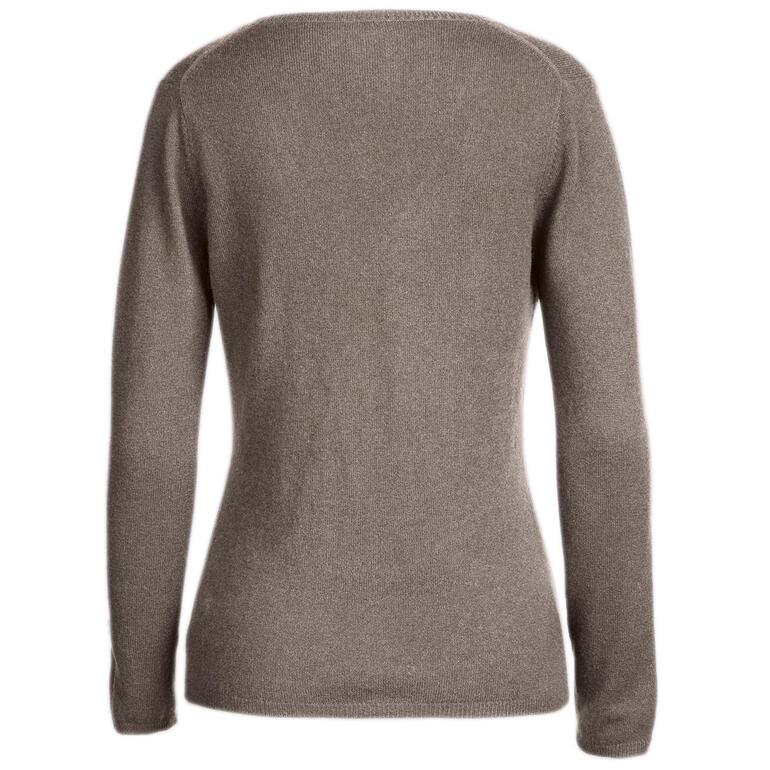 Rückansicht eines taupefarbenen Kaschmirpullovers für Damen.