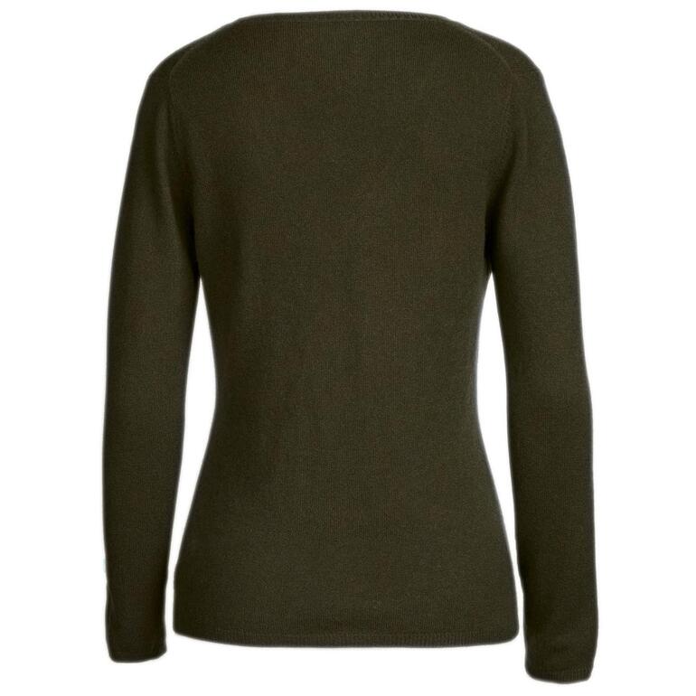 Rückansicht eines grünen Kaschmirpullovers für Damen.