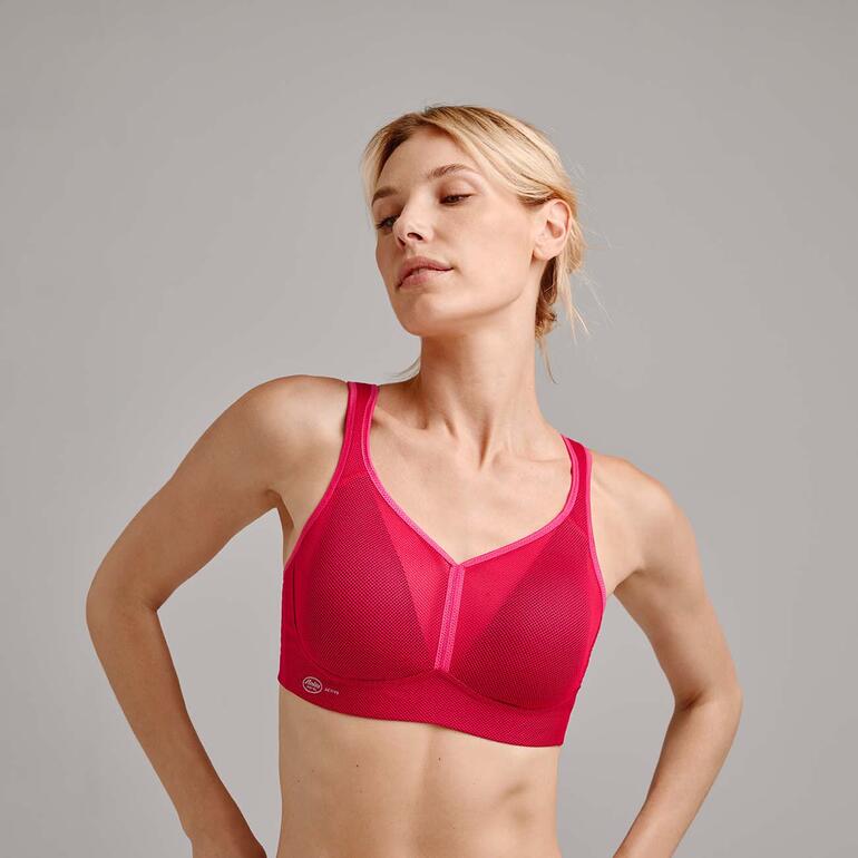Rot Roter Sport-BH mit Netzstoff und elastischen Trägern.