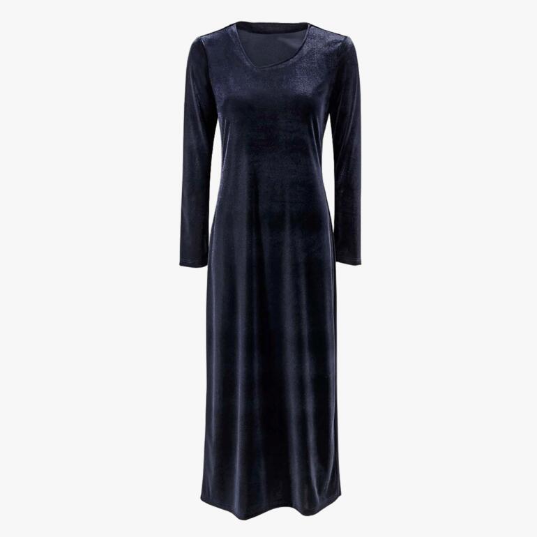 Dunkelblaues Nickikleid mit langem Arm und V-Ausschnitt.