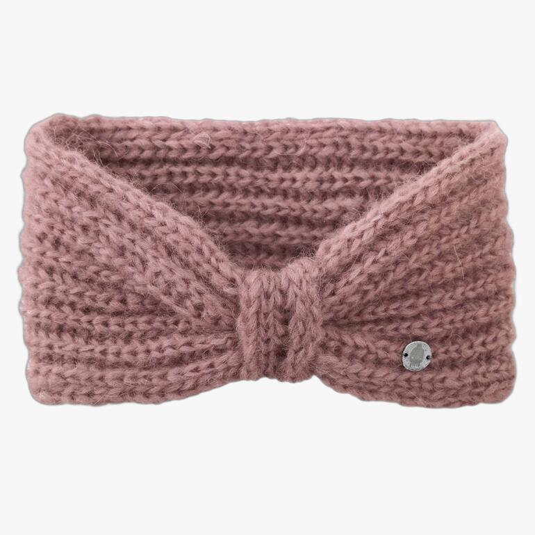 Rosa Alpaka-Stirnband mit Knoten und metallischem Logo.