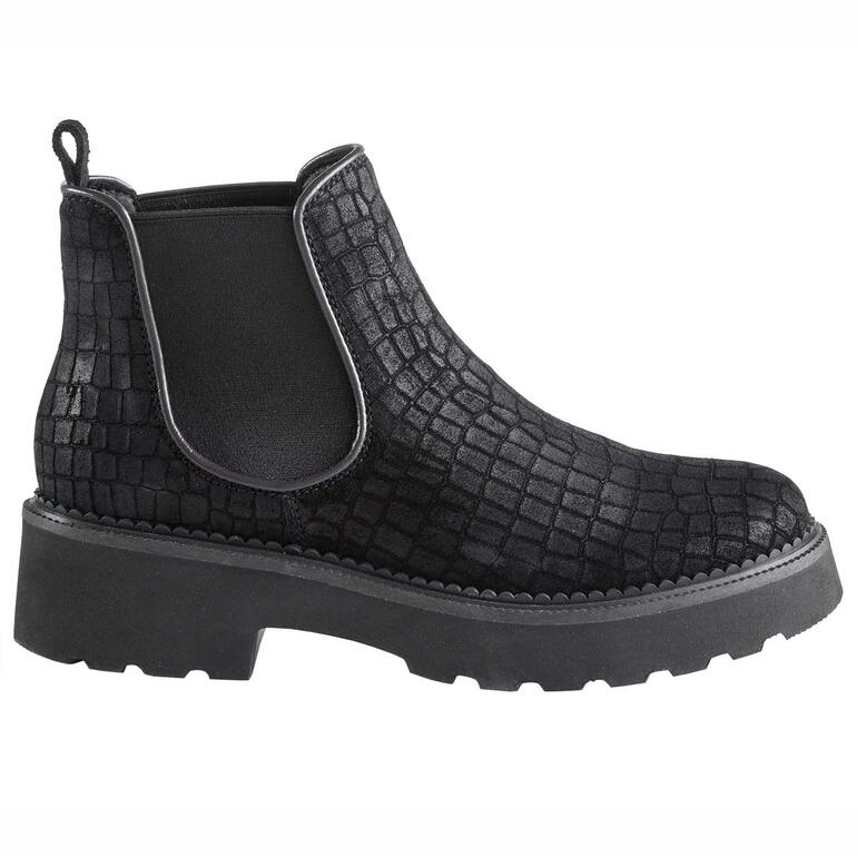 Seitenansicht schwarzer Chelsea-Boots mit Struktur.