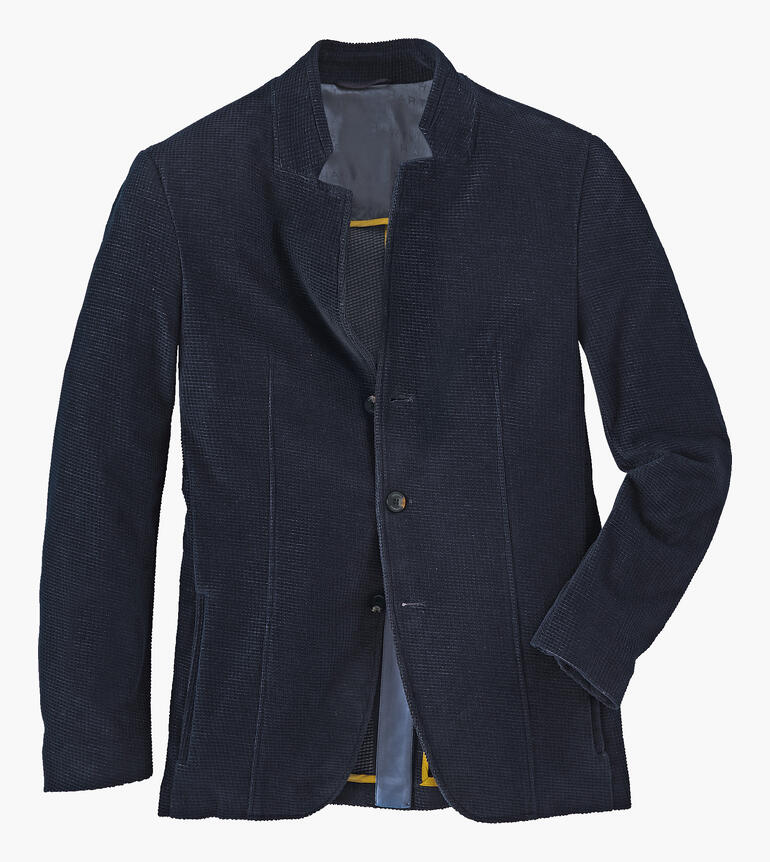 Dunkelblaues Karo-Samt-Sakko von vorne betrachtet