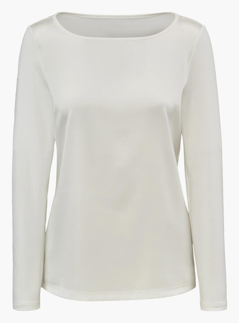 Cremfarbenes Seiden-Jersey-Blusenshirt mit rundem Ausschnitt und langen Ärmeln vorne.