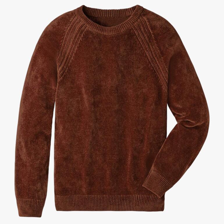 Brauner Mid-Century-Pullover mit gerippter Struktur auf einem weißen Hintergrund.