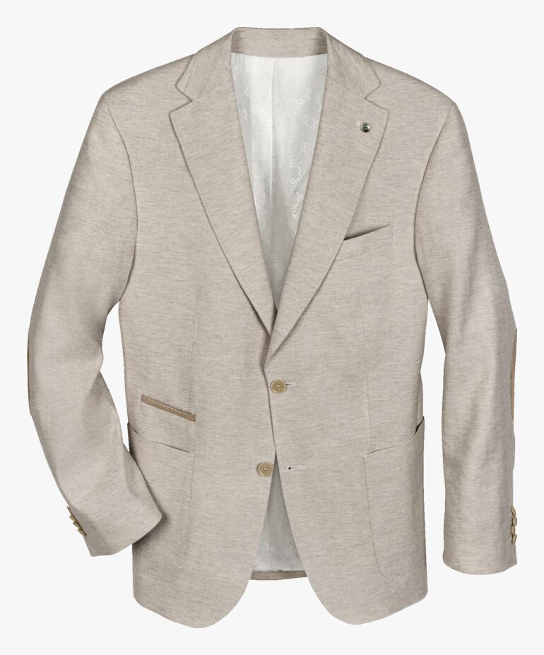 Beiger Business-Leinen-Sakko auf einem weißen Hintergrund, offen und lässig getragen.