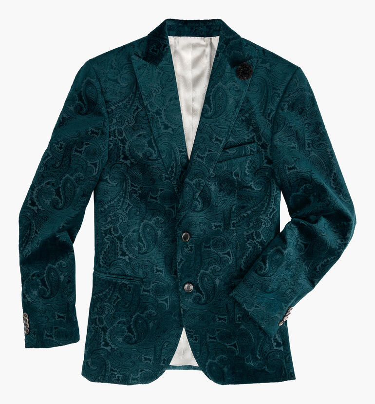 Grünes Paisley-Sakko, detailreiche Ansicht mit Struktur und Taschen.