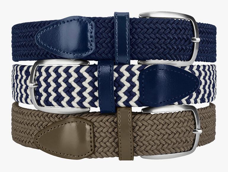 Drei elastische Gürtel in Blau, Beige und Navy mit verschiedenen Metallgürtel