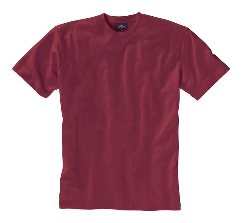 Dunkelrotes T-Shirt mit Rundhalsausschnitt auf weißem Hintergrund.