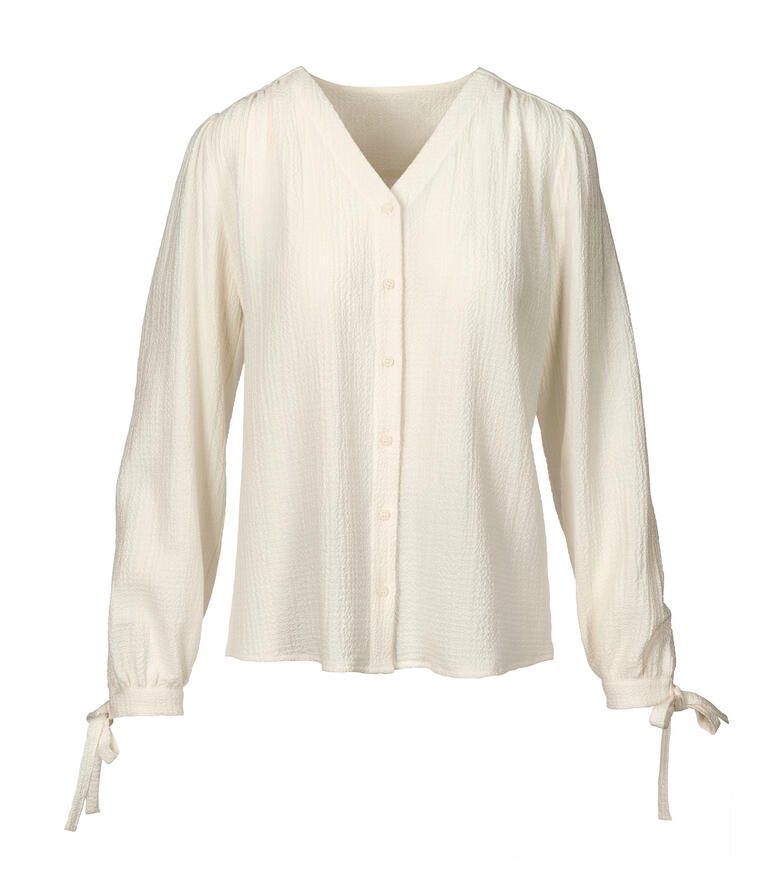 Baumwoll-Kaschmir-Crinkle-Bluse - Die unkomplizierte Seersucker-Crinkle-Bluse für’s ganze Jahr. Helle Baumwoll-Kaschmir-Bluse mit langen Ärmeln und Bindebändern.