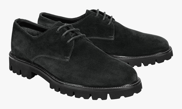 Dunkelgrüne Derby-Schuhe aus Veloursleder mit grober Sohle