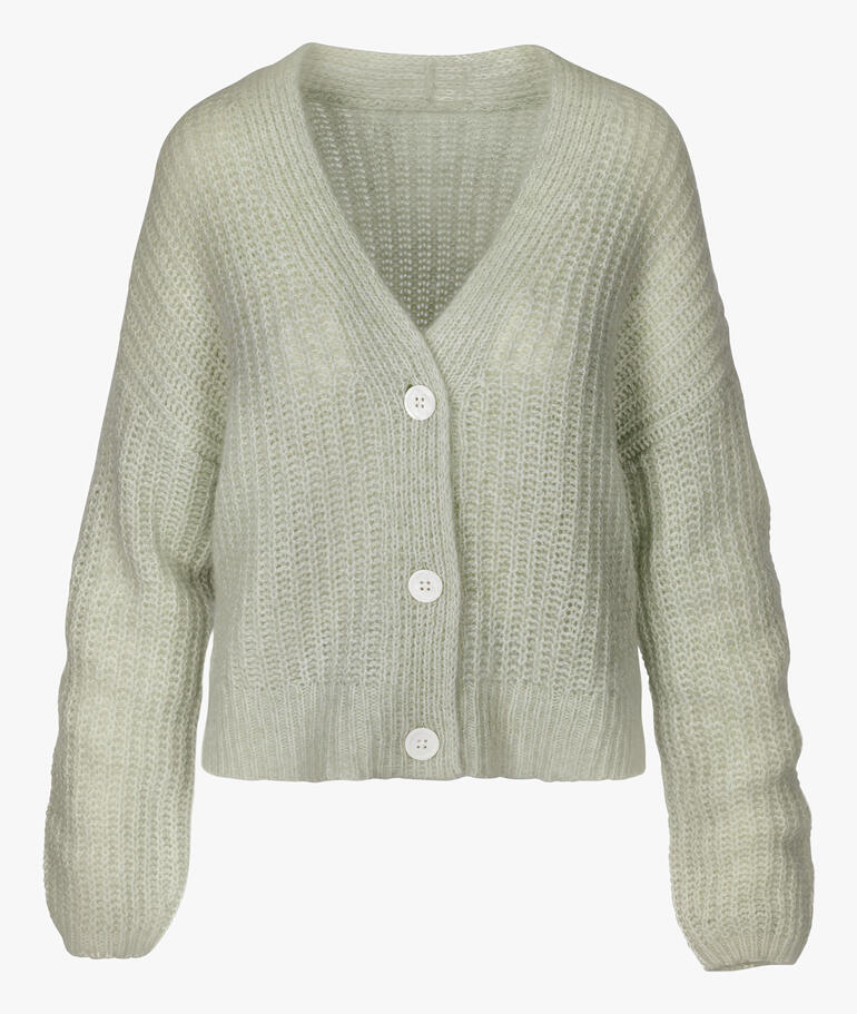 Grüner Cashmere-Baumwoll-Cardigan in Frontansicht, große Knöpfe.